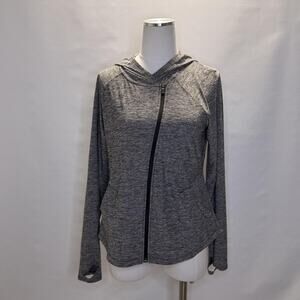 Athleta Jacket Womens Medium Gray Hooded Asymmetrical Zip Thumbholes Stretch